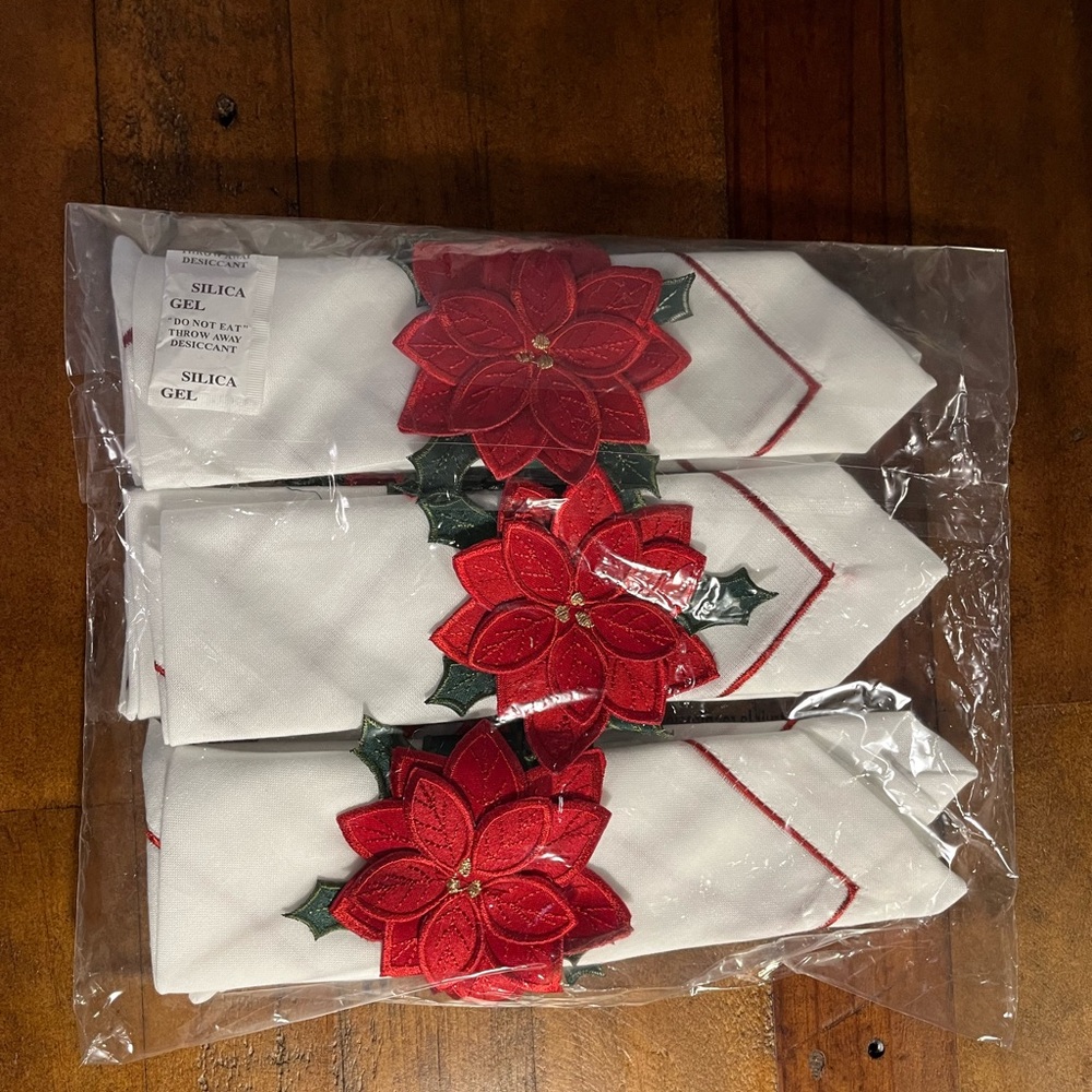 Festive White Napkins with Red Poinsettia Embroidery, set of six, NWT